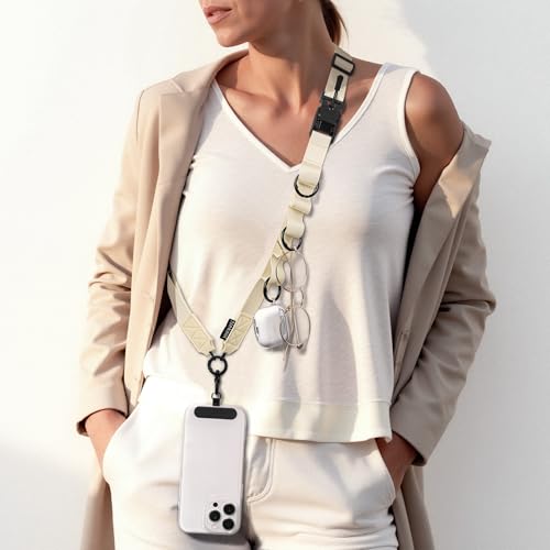 Nekmit Clip and Go Strap for Phone with Wallet Crossbody, Adjustable Phone Lanyard with Detachable Zippered Pouch & Wristlet - color: Beige