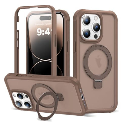 Compatible with iPhone 14 Pro Case with Magnetic Ring Stand [Compatible with Mag-Safe] [Built-in Screen Protector] Military-Grade Drop Protection Matte Translucent Phone Case, Desert Brown - color: Desert Brown, size: Iphone 14 Pro