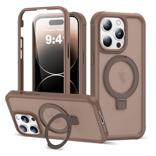 Compatible with iPhone 14 Pro Max Case with Magnetic Ring Stand [Compatible with Mag-Safe] [Built-in Screen Protector] Military-Grade Drop Protection Translucent Phone Case, Desert Brown - color: Desert Brown, size: Iphone 14 Pro Max
