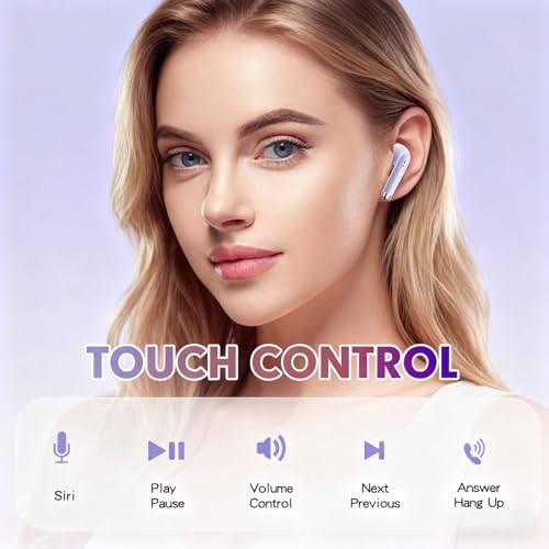 True Wireless Earbuds Purple Bluetooth 5.3 with Microphone for Working Out Noise Canceling Blue Tooth Ear Buds Deep Bass TWS Wireless Earphones with Charging Case in Ear Headphone for iPhone Android - color: Purple
