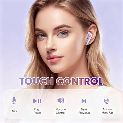 True Wireless Earbuds Purple Bluetooth 5.3 with Microphone for Working Out Noise Canceling Blue Tooth Ear Buds Deep Bass TWS Wireless Earphones with Charging Case in Ear Headphone for iPhone Android - color: Purple