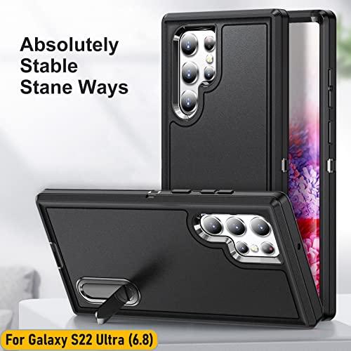 Case is Specially Designed for Galaxy S22 Ultra 6.8 Inch, Full Body Protection Heavy Duty Shock Absorbing 3 in 1 Silicone Rubber Built-in Stand with 1 Tempered Screen Protectors-Black - color: Black