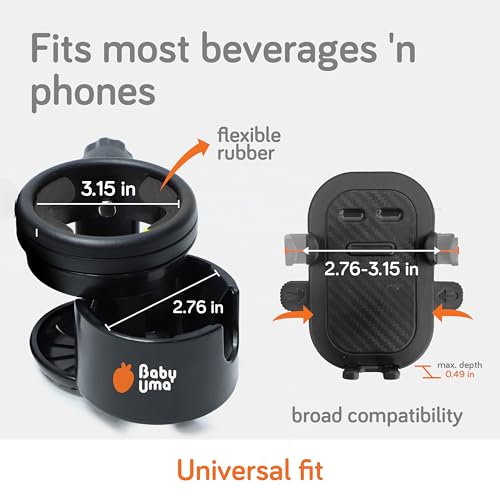 Baby Uma 3-in-1 Cup Holder Phone Holder - Universal Stroller Cup Holder Attachment with 360° Phone Mount, Stanley Cupholder for Stroller, Stroller Accessories