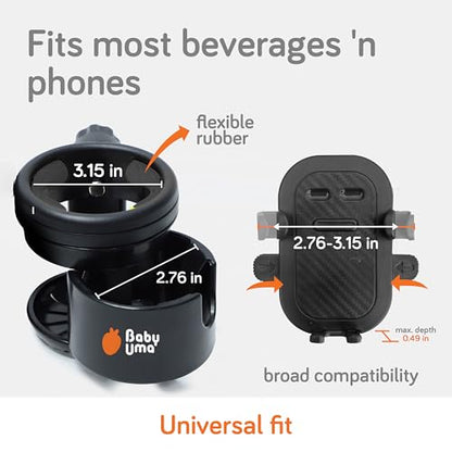Baby Uma 3-in-1 Cup Holder Phone Holder - Universal Stroller Cup Holder Attachment with 360° Phone Mount, Stanley Cupholder for Stroller, Stroller Accessories