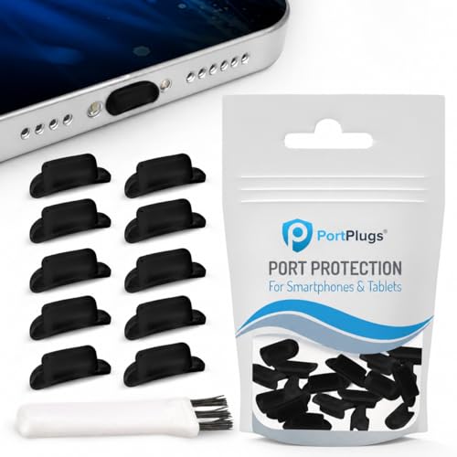 PortPlugs Anti Dust Plugs, Made for iPhone & AirPods Models w/Lightning Connector, Protects from Dirt/Sand/Lint and Debris, Includes Cleaning Brush - color: Black, size: 10 Pack