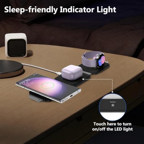 Travel Charger for Samsung Multi Devices, Foldable 3 in 1 Wireless Charging Station Fast Charging Stand/Pad Compatible for Samsung Galaxy S26/S25/S24/S23/Note20 Galaxy Watch8/7/6/Galaxy Buds4(Grey - color: black grey