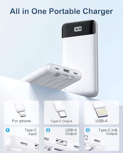 Portable Charger Power Bank w/Built-in Cables 10000mAh LED Display, White - color: White