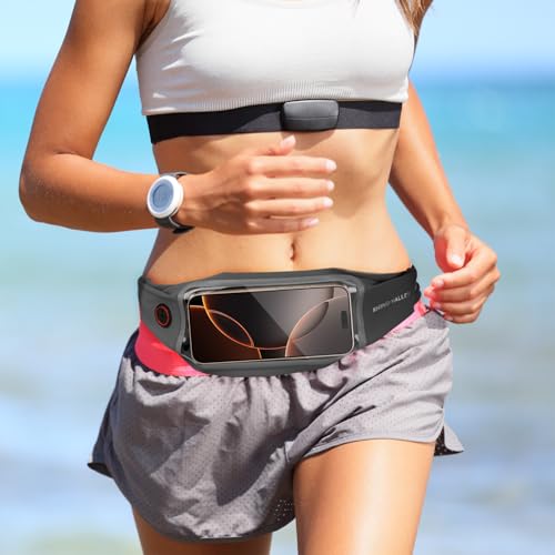 Rhino Valley Running Belt, Waist Belt Bag with Touchscreen Reflective | Runners Gifts Money Belt Phone Holder for Running Hiking Walking Gym Accessories Black Waterproof Fanny Pack for Women Men