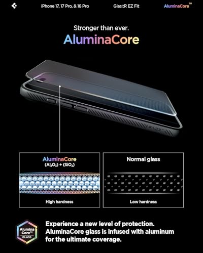 Spigen GlasTR EZ FIT Screen Protector for iPhone 17 Pro, 17, 16 Pro | AluminaCore Aluminum-enhanced 10H+ tempered glass, Auto-align tray, 100% clarity, Original touch, Case-friendly, 2Pack - size: iPhone 17 Pro / iPhone 17 / iPhone 16 Pro
