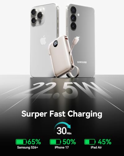Portable Charger Power Bank 10000mAh, 45% Smaller Built-in Cables & AC Plug - color: Pearl White