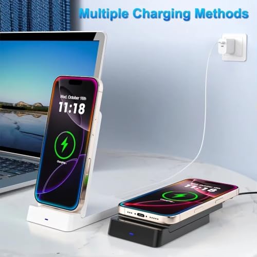 Double Coil Wireless Charger Foldable Phone Holder Stand for iPhone 17 16 15 14 13 12 Pro Max Samsung Xiaomi Fast Charging Station (Black with Cable)