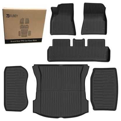 Floor Mats and Cargo Liners for 2017-2023 Tesla Model 3, 6 PCS Model 3 Accseeories Entire Set with Dual-Layer Trunk Liner & Frunk Mat, Precision Custom All-Weather TPE Waterproof - style: Model 3 2017-2023 6PCS