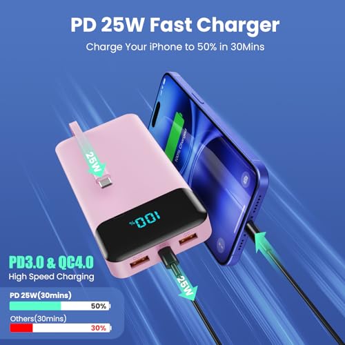 Portable Charger 40800mAh Power Bank,Built-in Cables,25W Fast Charging - color: Pink