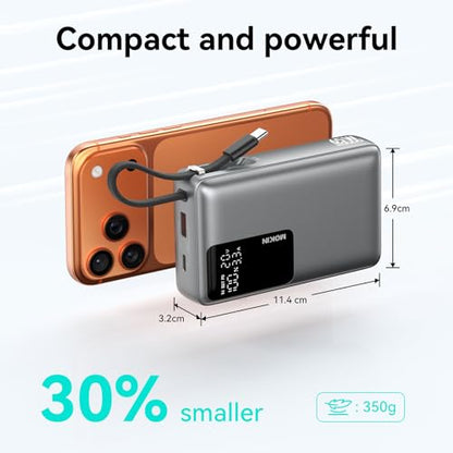 MOKiN 65W Portable Charger, 20000mAh Fast Charging Power Bank with Built-in USB-C Cable, Smart Display Battery Pack, Pocket Charger for iPhone 17-12, Samsung, iPad, Laptop, MacBook & More - color: Grey-2