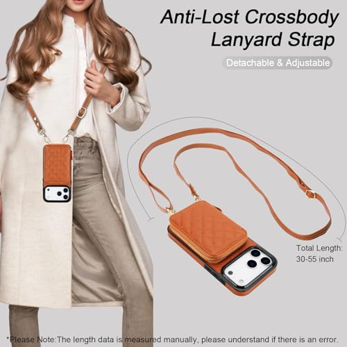 Bocasal Crossbody Wallet Case Card Holder for iPhone 17 Pro Max Brown | RFID Blocking PU Leather Zipper Handbag Purse, Kickstand Flip Folio Case with Card Slots Holder Wrist Strap Lanyard 6.9 Inch - color: Brown