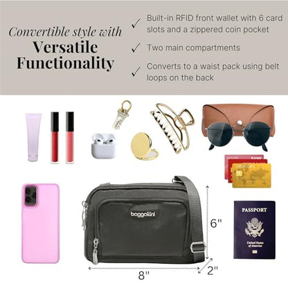 Baggallini Triple Zip with Front Wallet/Trifecta RFID Wallet Crossbody - color: Charcoal