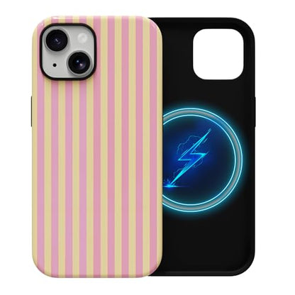 Skyseaco Compatible with iPhone 15 Case with MagSafe, Cute Striped Phone Case for Women Girls, Soft TPU + Hard PC Dual Layer Shockproof Glossy Protective Cover, Pink and Yellow - color: Pink and Yellow, size: iPhone 15