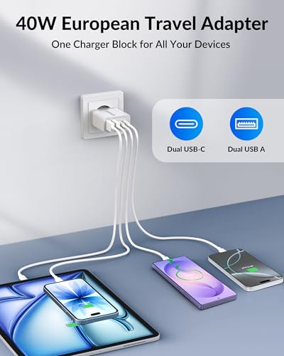 European Travel Plug Adapter, 40W 4-Port US to Europe EU USB C Wall Charger