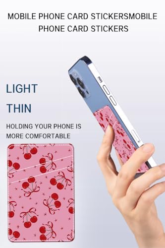 Phone Card Holder, Dual Pocket Leather Phone Wallet Adhesive Stick On, Cute Card Holder, Credit Card Holder for Phone Case Pink Cherry Pow - color: Pink Cherry Pow
