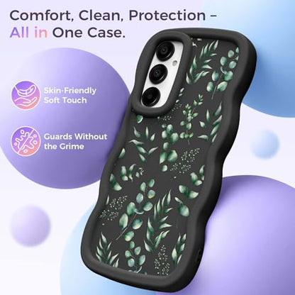 for Galaxy A15 Phone Case, Wavy Soft TPU, Black-Eucalyptus | Wavy Frame Design, Soft Slim TPU, Full Camera Lens Protection, Shockproof Phone Cover - color: Black-Eucalyptus, size: Samsung A15