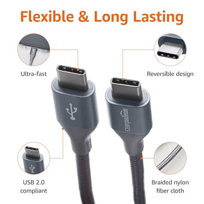 Amazon Basics Nylon Braided USB-C to USB-C 2.0 Fast Charger Cable, 60W, 480Mbps Speed, USB-IF Certified, for Apple iPhone 16/15, iPad, Samsung Galaxy, Tablets, Laptops, 10 Foot, Dark Gray - color: Dark Grey, size: 10 Feet