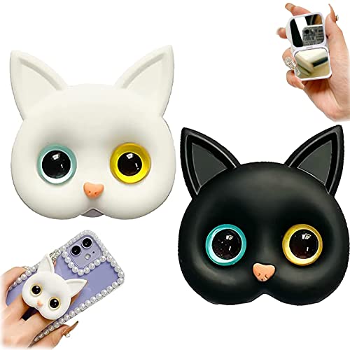 2/4Pack 3D Cute Kitten Phone Holder with Mini Mirror,Phone Grip with Small Makeup Mirror,Cute Cat Phone Folding Bracket,3D Cute Cat Cellphone Foldable Finger Grip Holder for All Smartphones (2Pcs-D) - color: 2Pcs-D