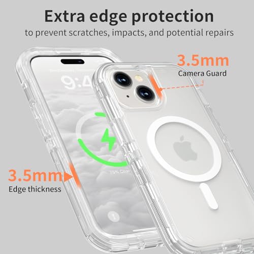 Follaroma Magnetic for iPhone 15 Case, Heavy Duty Phone Cases, Clear, 6.1" | Compatible with MagSafe, Heavy Duty Shock proof Protection, Military-Grade Anti-Drop, Dual Layer Transparent Protective Cover - color: Clear, size: iPhone 15 6.1''