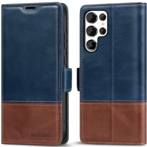 KEZiHOME Genuine Leather Wallet Case for Samsung Galaxy S25 Ultra | Royal Blue/Brown, RFID Blocking, S25 Ultra Wallet Case, Card Slot, Flip, Magnetic Stand Phone Cover Compatible with S25 Ultra - color: Royal Blue/Brown, size: Galaxy S25 Ultra Case