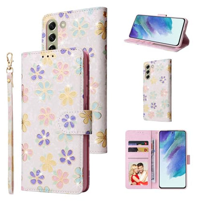 UEEBAI Wallet Case for Samsung Galaxy S22 5G, PU Leather Phone Case Kickstand RFID Blocking Flip Case Card Slots Wrist Strap Relief Engraved Pattern Magnetic Closure Flower Folio Case, White Daisy - color: White Daisy, size: Samsung Galaxy S22 5G