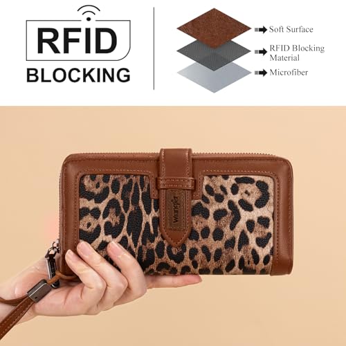 X Wrangler Women's Wallets Bifold Wristlet Wallets for Women Large Capacity Credit Card Wallet with ID Window - color: Leopard Brown