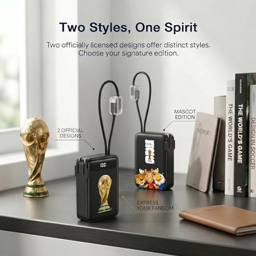 2026 FIFA Licensed Power Bank with Built-in Cable and Foldable Wall Plug, 22.5W 10000mAh Portable Charger, 3-in-1 Power Bank for iPhone 17/16/15 Series, FIFA World Cup 2026 Official Merchandise, Black - color: Black