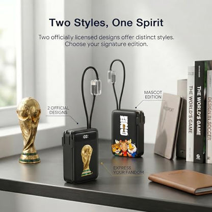 2026 FIFA Licensed Power Bank with Built-in Cable and Foldable Wall Plug, 22.5W 10000mAh Portable Charger, 3-in-1 Power Bank for iPhone 17/16/15 Series, FIFA World Cup 2026 Official Merchandise, Black - color: Black