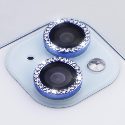 Camera Lens Protector for iPhone 15/15 Plus/14/14 PlusBling Diamond Metal Ring Rhinestone Tempered Glass Lens Cover Accessories (Blue) - color: Blue