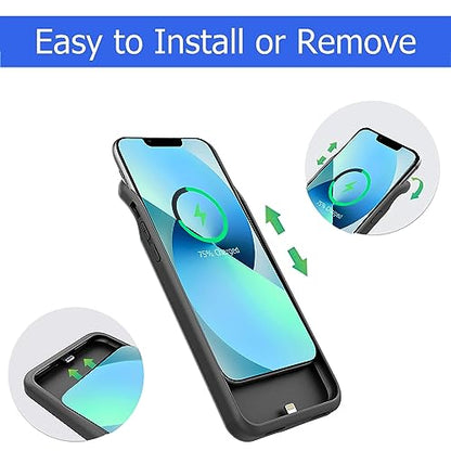 Battery Case for iPhone 13, [10000mAh] Enhanced Rechargeable Portable Protective Qi Wireless Charger Case Battery Pack Support CarPlay Wireless Charging Cover Compatible with iPhone 13(6.1 inch)-Black - size: iPhone 13