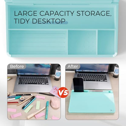 TOWON Compact Glass Desktop Whiteboard with Storage 12x7 in, Teal Blue - color: Teal Blue