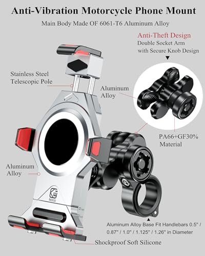 BRCOVAN Anti-Theft Aluminum Alloy Motorcycle Phone Mount Holder, Silver - color: SILVER
