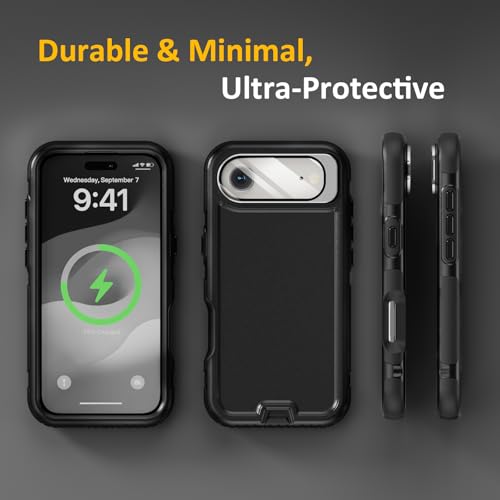 Follaroma Magnetic for iPhone 17 Air Case with Camera Stand, Black, 6.5" | Built-in Glass Camera Cover,Compatible with MagSafe,Heavy Duty Shockproof Protective,Military-Grade Anti-DropDual Layer Cover - color: Black, size: iPhone 17 Air 6.5''