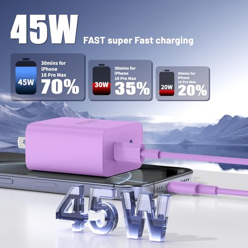 QZIIW iPhone 17 16 15 Pro Max Fast Charger,45W Dual Port USB C Fast Charger - color: Purple, size: 3FT+6FT+10FT+10FT