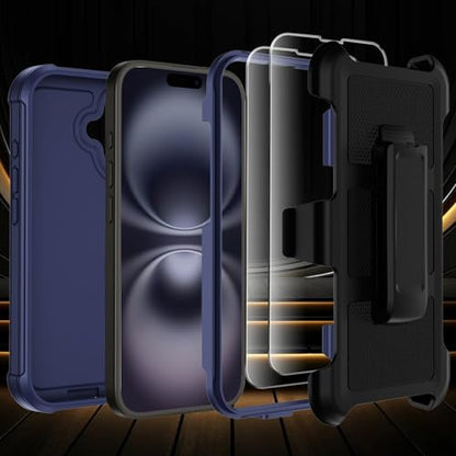 Wedall for iPhone 16 Plus Case with Belt Clip Holster,Anti-Drop Shockproof Bumper Phone Cases with 2X Screen Protectors & Kickstand,Rugged Heavy Duty Military Grade Protective Defender Cover (Blue) - color: Blue