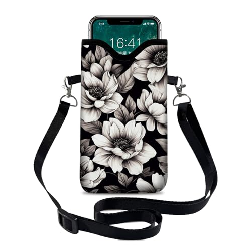 Neoprene Cell Phone Sleeve Pouch Case Bag with Crossbody Strap Neck Lanyard for Women 7.1 X 3.9 in Flower - color: Flower Black