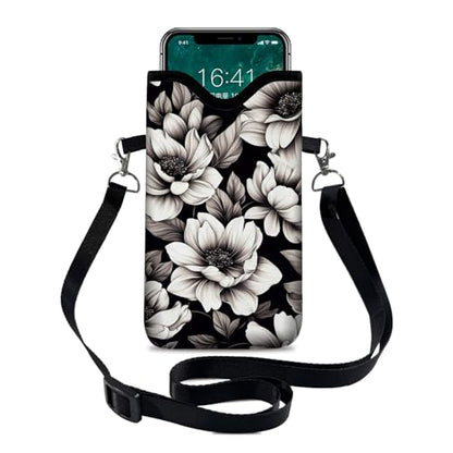 Neoprene Cell Phone Sleeve Pouch Case Bag with Crossbody Strap Neck Lanyard for Women 7.1 X 3.9 in Flower - color: Flower Black