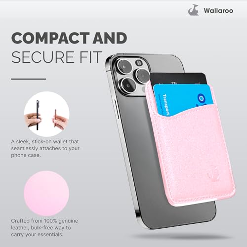 Wallaroo Premium Leather Cell Phone Wallet Stick On - Android and iPhone Wallet and Card Holder for Women and Men - Durable with Non-Slip Lining Secures Up to 3 Cards - color: Rose Gold Leather