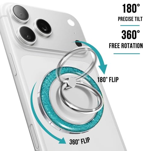 Magnetic Phone Ring for MagSafe,Phone Grip Kickstand,Ring Holder Stand Compatible with iPhone 17 16 15 14 13 12 Pro Max Plus and Phone Case - Blue Transparent Glitter