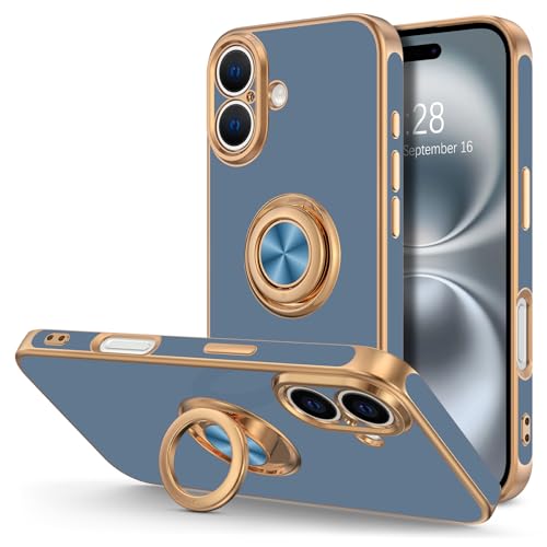 Hython for iPhone 16 Plus Case with Ring Stand, 360° Rotatable Ring Holder Magnetic Kickstand, Plating Rose Gold Edge Soft Cover Protective Phone Case for iPhone 16 Plus 6.7", Blue Gray - color: Blue Gray, size: Iphone 16 Plus - 6.7 Inch