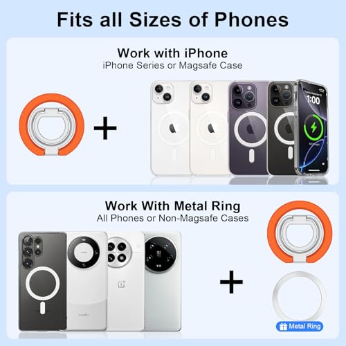 Magnetic Phone Ring Holder for MagSafe, 360° Rotation Cell Phone Grip Stand - color: orange