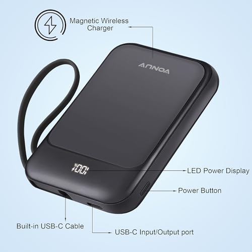 Magnetic Power Bank 10000mAh, Wireless Portable Charger with 15W Max Fast Charging & Built-in USB-C Cable, 22.5W PD LED Display Battery Pack Compatible with iPhone 17/16/15, Samsung Galaxy - color: Black