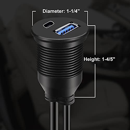 Type C 3.1 and USB 3.0 Car Mount Flush Cable Male to Female Waterproof Extension for Car Truck Boat Motorcycle Dashboard Panel - 3ft