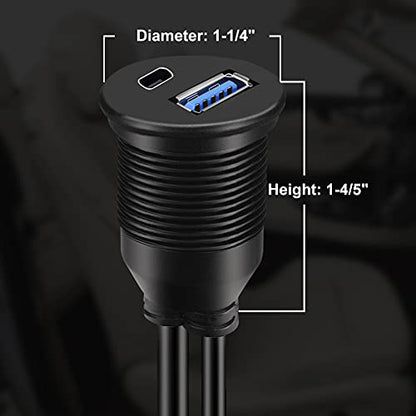 Type C 3.1 and USB 3.0 Car Mount Flush Cable Male to Female Waterproof Extension for Car Truck Boat Motorcycle Dashboard Panel - 3ft