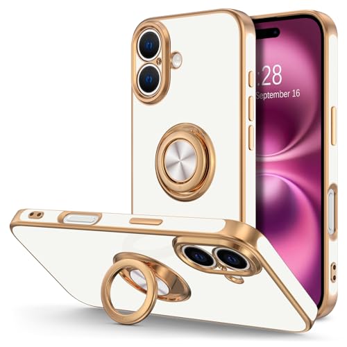 Hython for iPhone 16 Case with Ring Stand, 360° Rotatable Ring Holder Magnetic Kickstand, Plating Rose Gold Edge Soft Cover Protective Phone Case for iPhone 16 6.1", White - color: White, size: Iphone 16 - 6.1 Inch