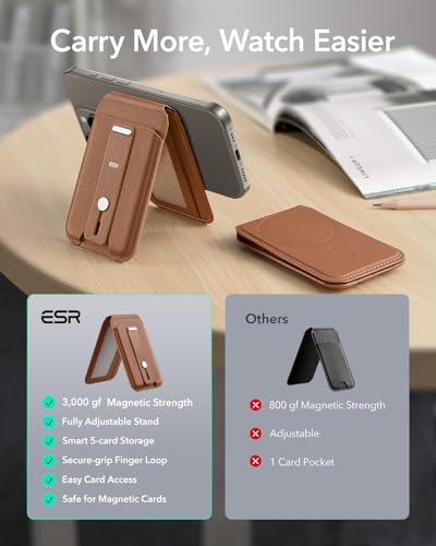 ESR for MagSafe Wallet Stand with Grip, 5 Card Holder, RFID Blocking | MagSafe Ring Included, Adjustable Stand, Magnetic Wallet for iPhone 17 Pro Max 17e 16 15 14 13 12, Selected Samsung, Brown - color: Brown
